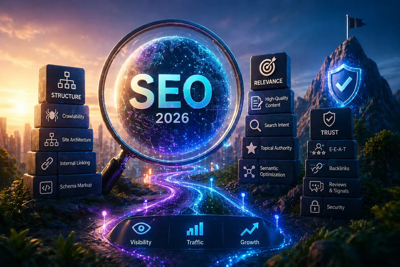 Abstract search visibility illustration with charts and ranking signals