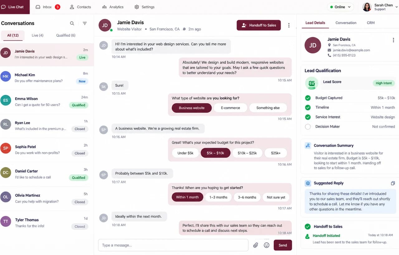 Conversational AI Lead Support Bot capability showcase by Elite Web Technologies