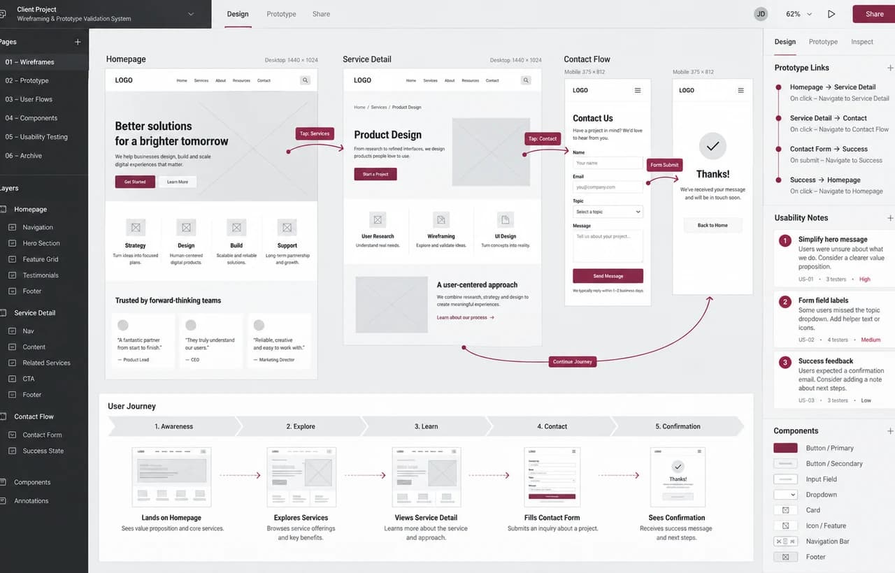 Wireframe and prototype validation workspace screenshot with user flows and usability notes